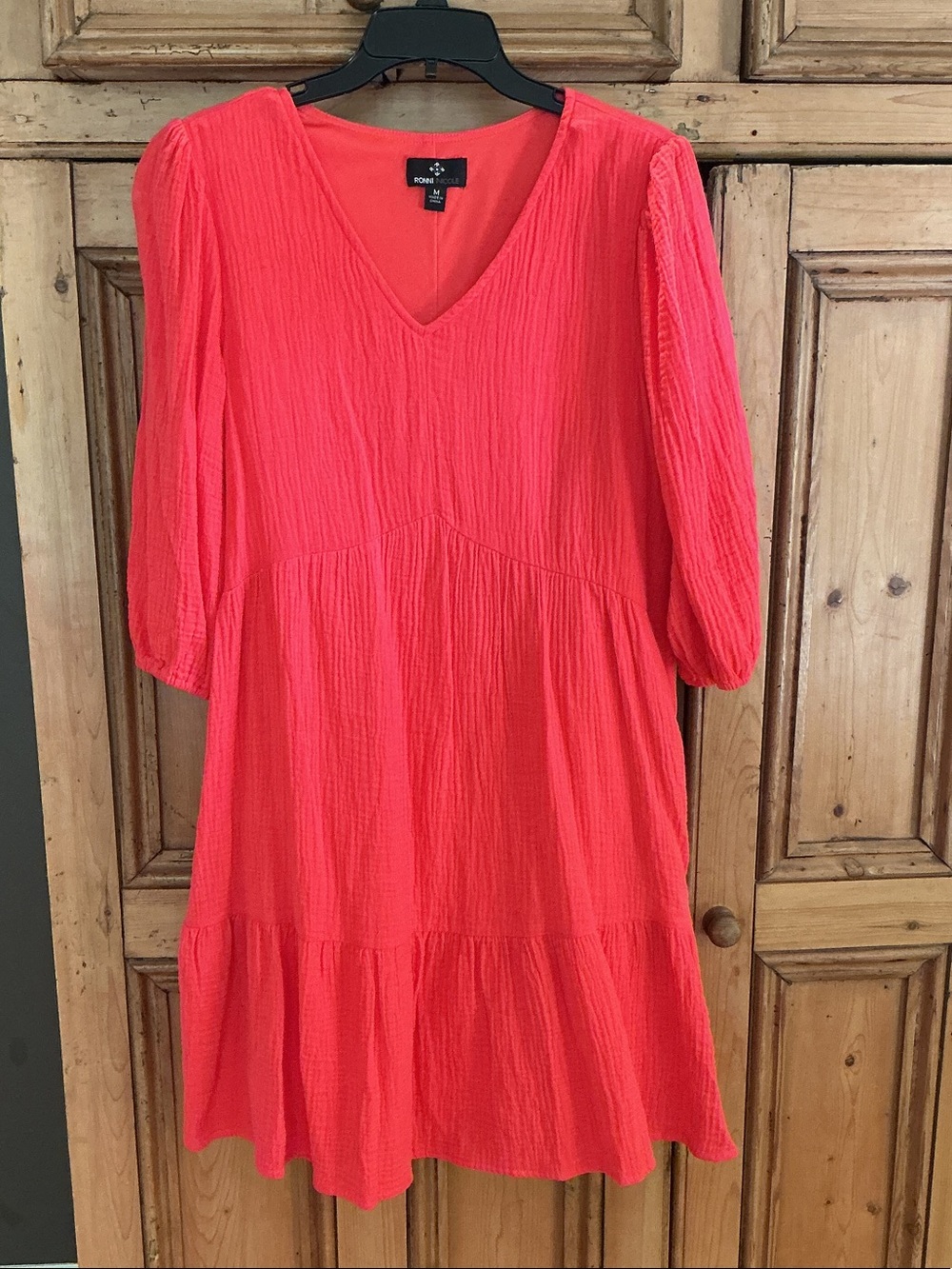 Ronni Nicole Coral-Red V-Neck Tiered Mini Dress